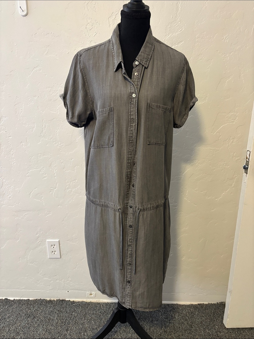 lovestitch Washed Grey Button-Front Midi Shirt Dress